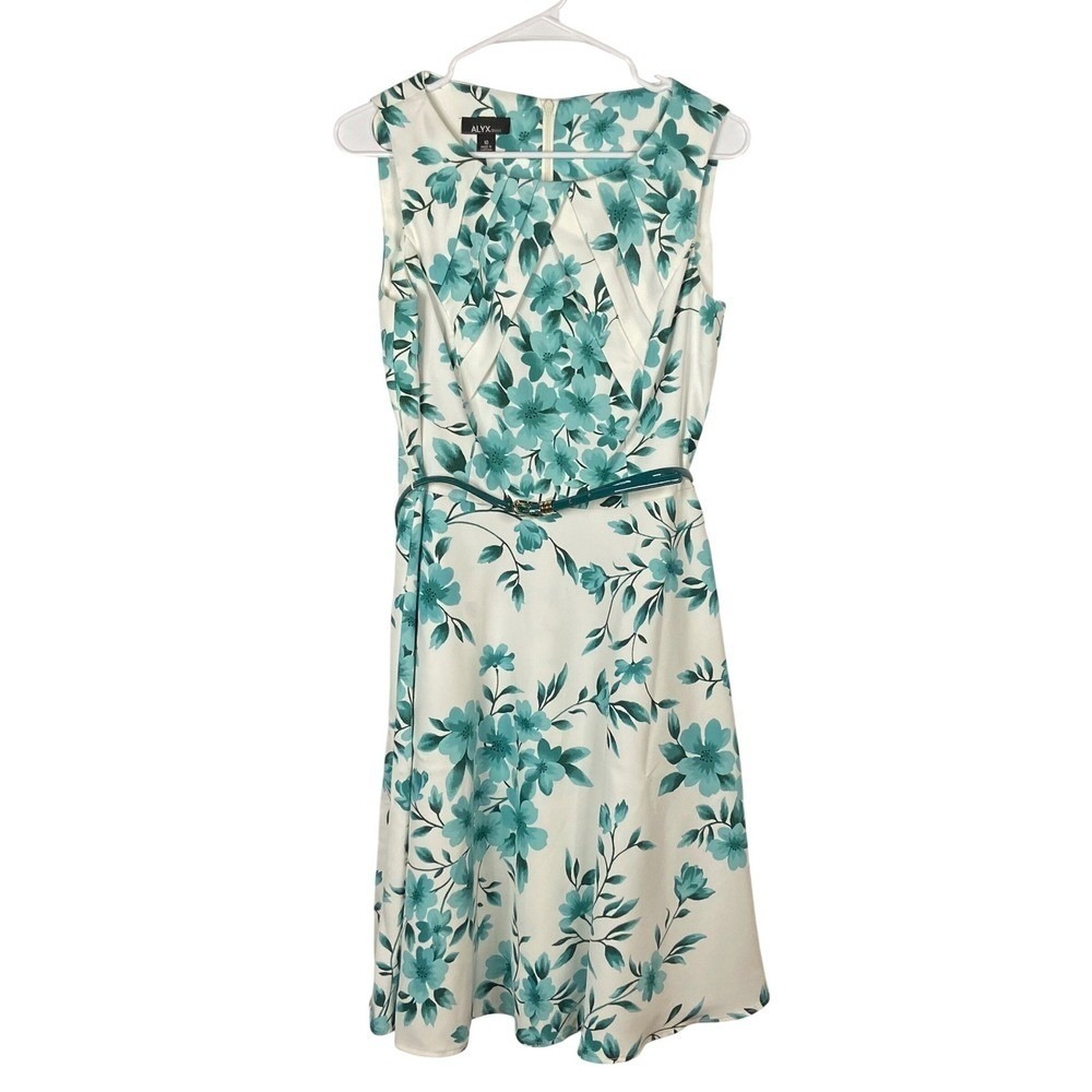 ALYX Dress Womens 10 Teal White Floral Pleated Belted Fit & Flare A-Line